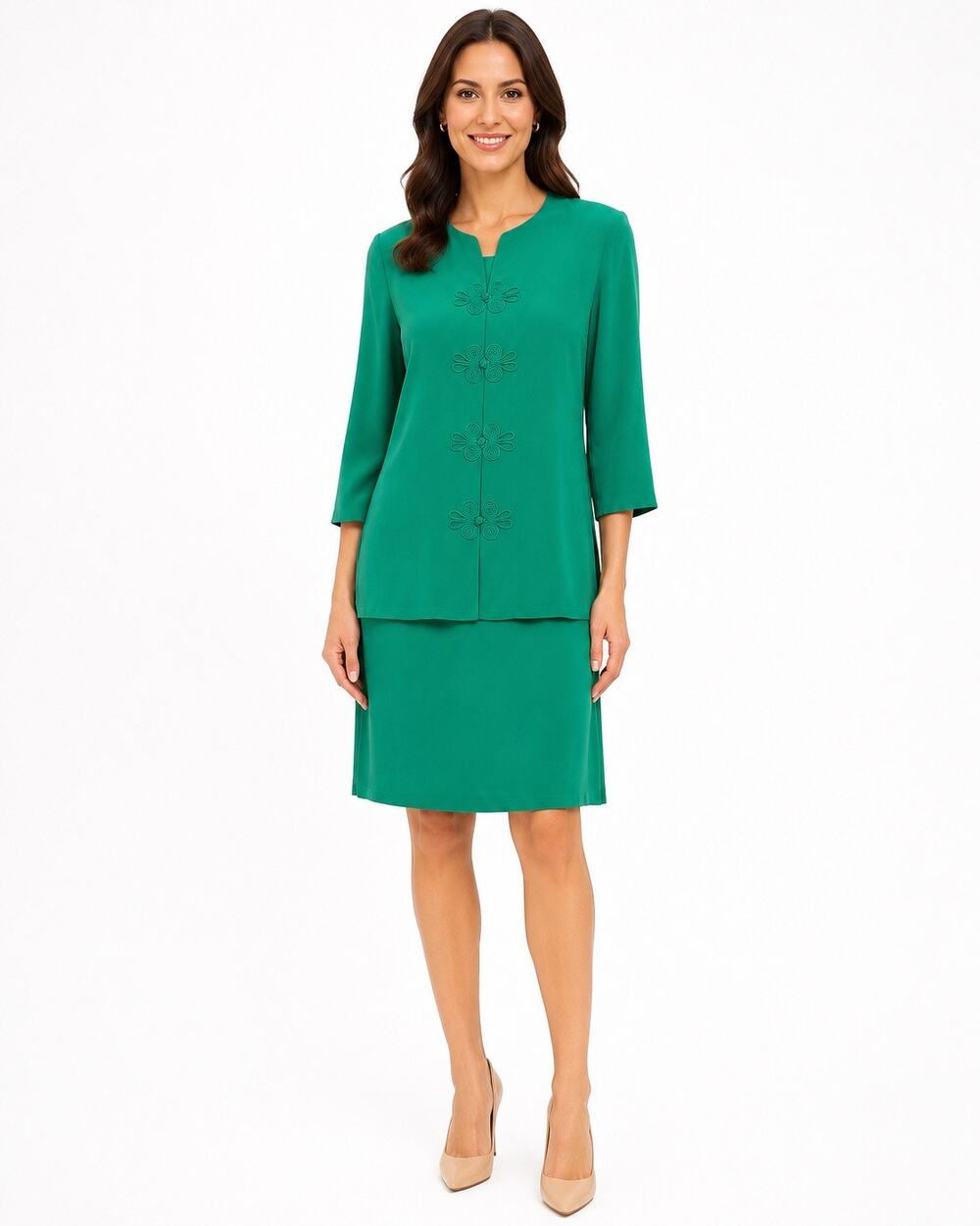 Vintage 90s Adrianna Papell 100% Silk Green Frog Closure Skirt Suit Set M/L